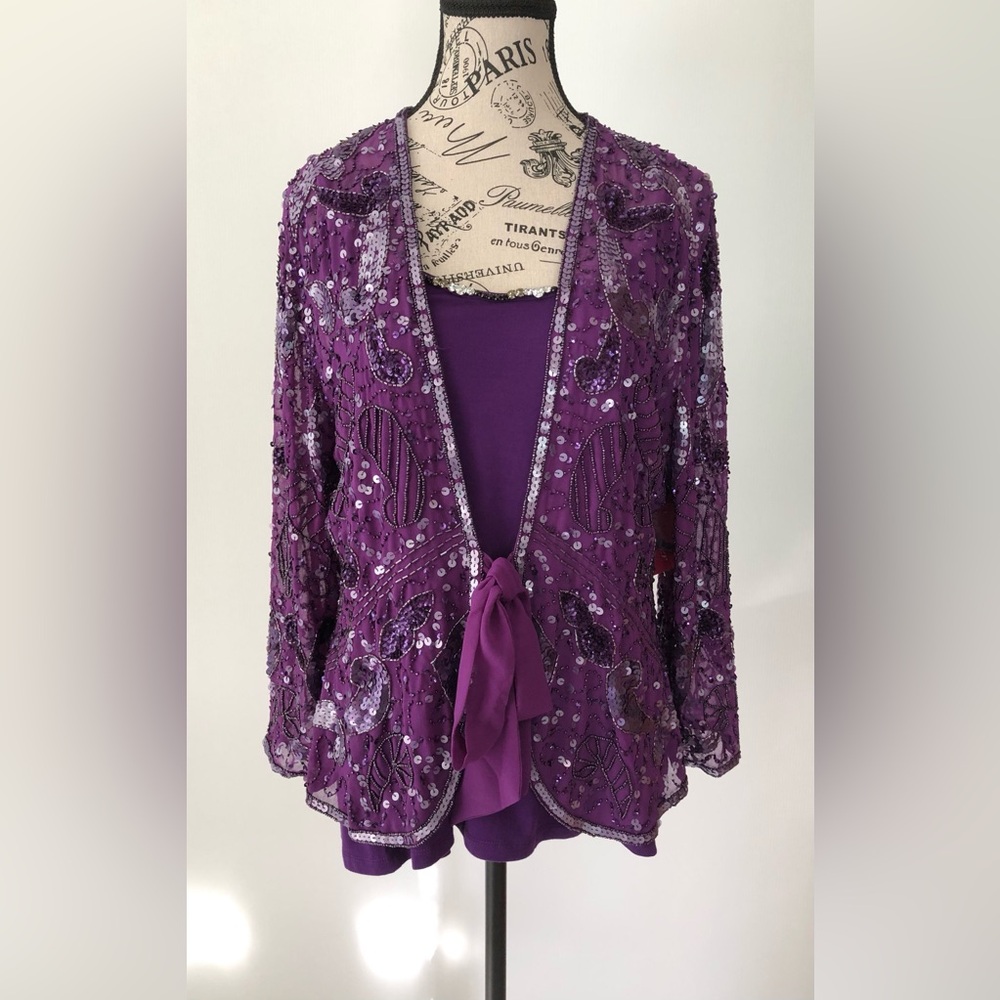 Sparkly Purple 2 Piece Tank Top w/Sequined and Beaded Jacket Women's Size Large